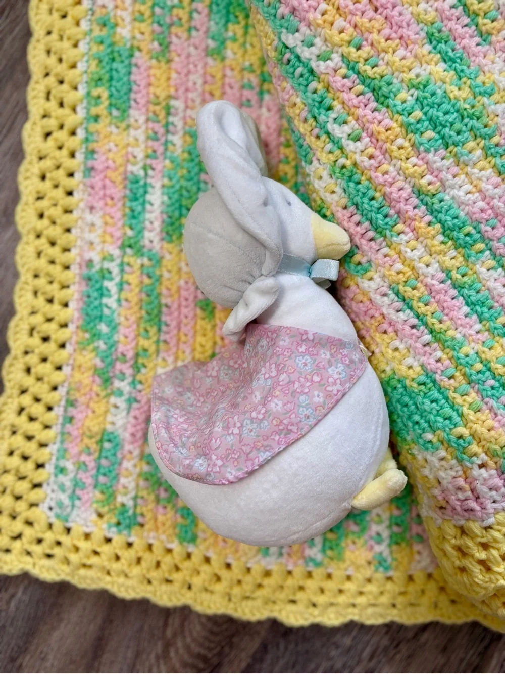 Handmade Crochet Baby Blanket and Eden Duck Plush Set Pastel Baby Shower Nursery